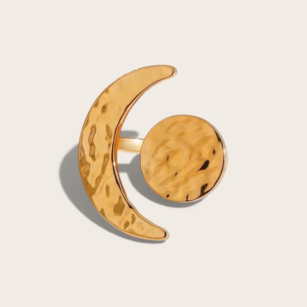 Gold Crescent Moon and Circle Cocktail Ring